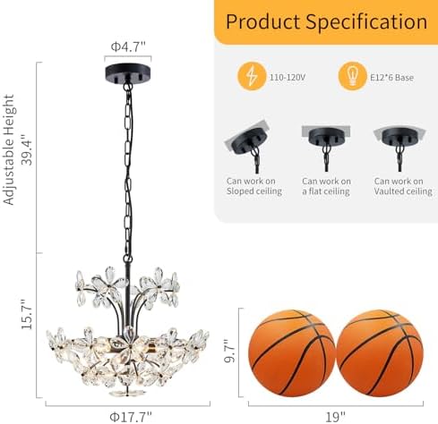 WUZUPS Crystal Chandelier Pendant Flushmount Ceiling Light Modern Lighting Fixture for Bedroom Hallway Bar Kitchen Bathroom, H 15.7" x W 17.7", Black, E12 Base - Image 2