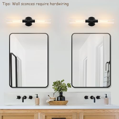Wall Sconces Set of Two, Hardwired Matte Black Bathroom Sconces Wall Lighting with Clear Glass, Modern Sconces Wall Decor Set of 2 Bathroom Light Fixtures for Mirror Hallway (Bulbs Not Included) - Image 5