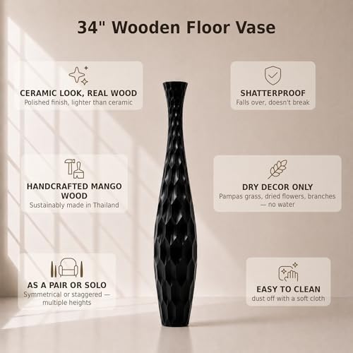 Leewadee Large Floor Vase 34 inches Mango Wood for Pampas Grass, Dried Flowers - Image 3