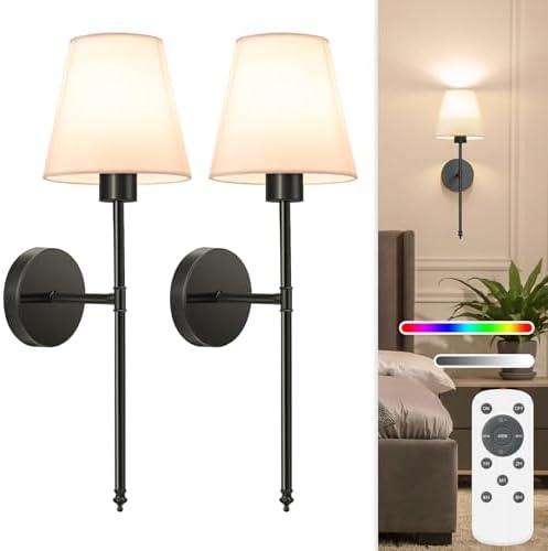 NIORSUN 19.9 inch Battery Operated Wall Sconce Set of 2,Black Rechargeable Wall Lights with 10400mAh Dimmable Detachable Bulbs and Remote,10 Colors Wireless Sconces for Bedroom Living Room Hallway by NIORSUN