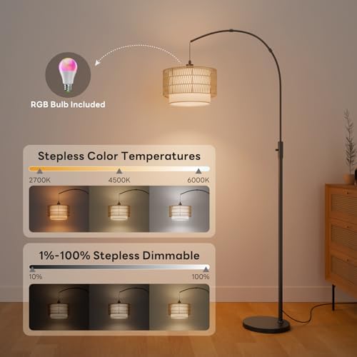 Boho Rattan Arc Floor Lamp, 71" RGB, Compatible with Alexa & App - Image 3