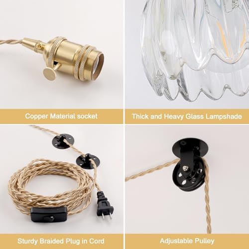 Shenmoyl Plug in Pendant Light Hanging Light Fixture Corded On/Off Switch Brass Pendant Light with Clear Tulip Glass Lampshade for Bedroom Living Room Kitchen Island - Image 5