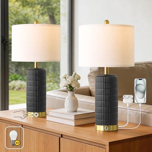 PoKat Ceramic Table Lamps Set of 2 for Living Room, 25'' Modern Touch Bedside Lamps for Bedroom with 2 USB Ports, Farmhouse Black Matte-Textured Nightstand Lamps Office Home Decor (Bulbs Included) by Pokat
