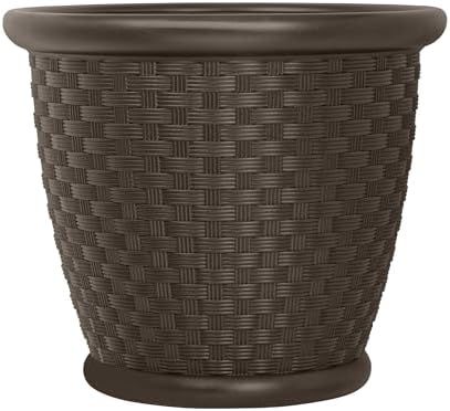 Suncast Sonora 22 Inch Plastic Wicker Indoor or Outdoor Decorative Garden Flower Planter for Entryways, Porch, and Backyard Patios, Dark Brown by Unknown