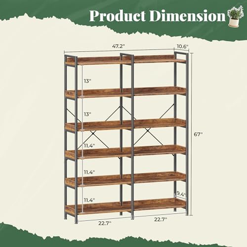 Huuger 6 Tier Bookshelf, Corner Bookshelf with 12 Open Shelves and Raised Baffle, 47.2 Inch Straight Wide Bookcase with Metal Frame and Wooden Board, Adjustable Feet, Rustic Brown - Image 2