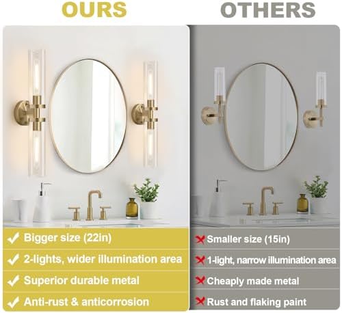 Wall Sconces Set of Two, Hardwired Brass Bathroom Sconces Wall Lighting with Clear Glass, Modern Sconces Wall Decor Set of 2 Vanity Light fixtures for Bathroom Mirror Bedroom (Bulbs Not Included) - Image 2