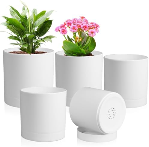 Meowell 7/6.5/6/5/4 inch Flower Pots, 5 Pack Cylinder Plant Pots for Small Indoor Outdoor Plants, Plastic Planters with Drainage Holes and Saucers for Garden Succulent Nursery House Plants, White by Meowell