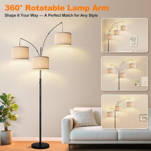 Dimmable 3 Lights Floor Lamp - 3000LM Super Bright Arc Floor Lamps for Living Room, Modern Tall Standing Lamp With Beige Shades, Mid Century Tree Floor Lamp for Bedroom Office, 3 LED Bulbs Included - Image 5