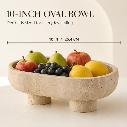 Travertine Oval Bowl with Base, 10 Inch Handmade Natural Stone Decorative Bowl for Home Decor, Modern Key Bowl for Entryway Table, Fruit Candy Dish & Candle Holder for Kitchen Countertop - Image 3