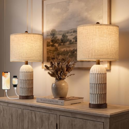 OYEARS 22" Bedside Table Lamps Set of 2, Farmhouse Lamp with USB,Dark Brown by OYEARS