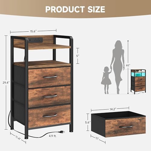 Lazzanto Nightstand with Rear Charging Station, LED Light, 3 Drawers, Brown - Image 3