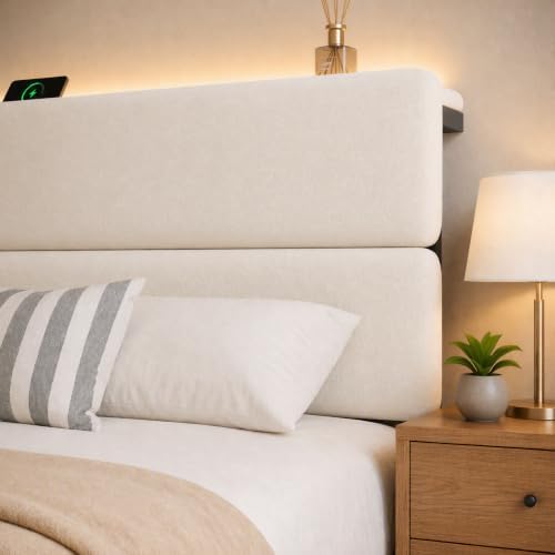 Queen Bed Frame with 2 Storage Drawers, Light Beige Velvet Upholstered - Image 6