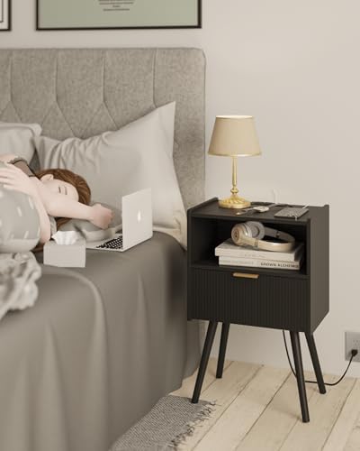 JOONEE Black Nightstand with Outlet,Modern Bedside Table with Storage Drawer and Open Wood Shelf, for Living Room, Bedroom and Small Spaces, Accent Night Stand with Solid Wood Legs, Easy Assembly - Image 3
