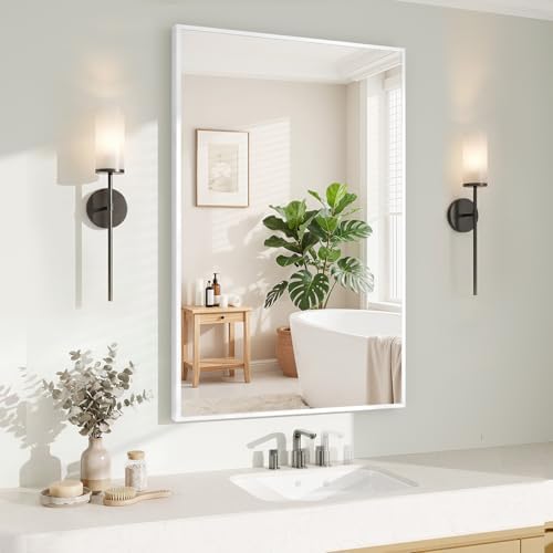 Koonmi White Rectangle Wall Mirror, 20x30 Inch Bathroom Mirror, Aluminum Frame Vanity Mirror for Entryway, Living Room, Bedroom Bathroom, Hangs Horizontally or Vertically by KOONMI
