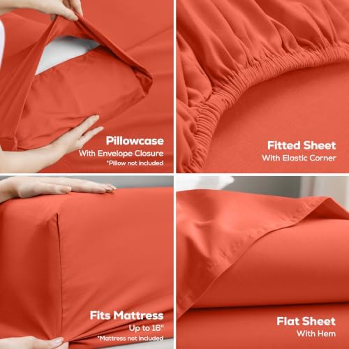 California King Sheets Set, 4 Pieces 16" Deep Pocket Bed Sheets, Coral - Image 3