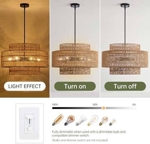 24" Rattan Chandelier for Dining Room, Large Boho Pendant Light - Image 4