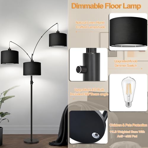 Dimmable Floor Lamp - 3 Lights Arc Floor Lamps for Living Room,Modern Tall Standing Tree Lamp with Black Linen Shade & Heavy Base,Mid Century Floor Lamp for Bedroom Corner Office, 3 LED Bulbs Included - Image 4