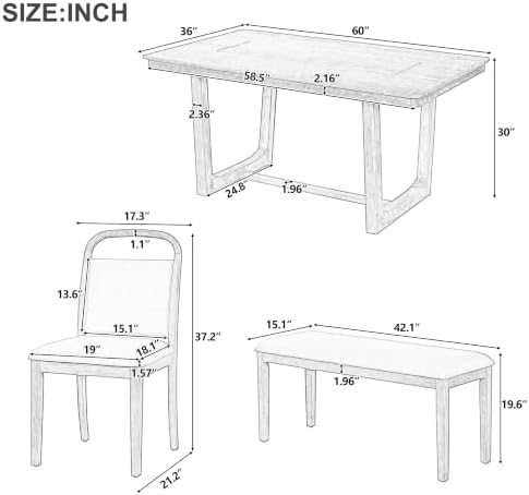 VilroCaz 6-Piece Dining Table Set, Solid Wood Rectangular Kitchen Table with 4 Upholstered Chairs & 1 Bench, Seats for 6 (Natural-6.17) - Image 3
