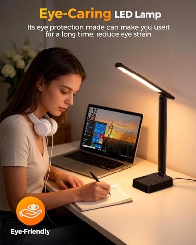 Airlonv LED Desk Lamp for Office Home, Power Strip with 3 Outlets 4 USB Charging Ports(2 USBC), 4 Modes 5 Level Brightness Desk Light, Small Desk Lamp for College Dorm Room Essentials - Image 6