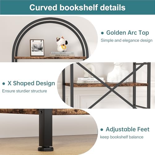 Shintenchi Bookshelf, Arched Bookshelf 5 Tier Bookcase, Tall Shelf for CDs/Books, Home Office Shelf Storage Organizer, Modern Book Shelf for Bedroom/Living Room, Brown - Image 4