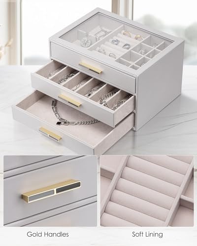VLANDO Jewelry Box for Women, Glass Lid Jewelry Organizer with 3 Drawers for Necklaces Rings Earrings Bracelets - Grey - Image 5