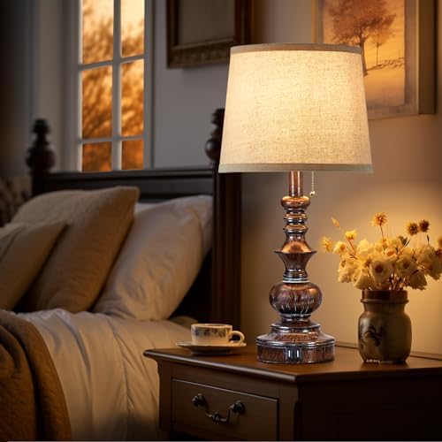 Drawealth Vintage Bedside Table Lamps Set of 2 for Bedroom Nightstand Lamps with USB Charging Ports Rustic Farmhouse Small Table Lamp for Living Room End Tables Brown Wooden Finish, Pull Chain - Image 3