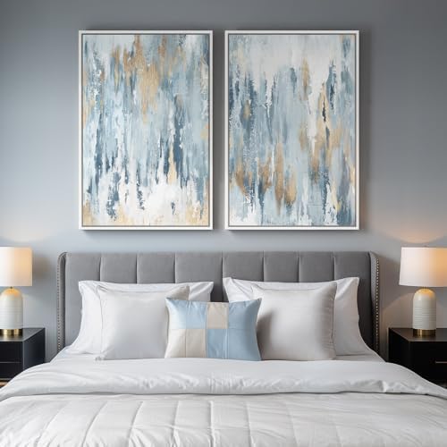 Large White Framed Blue and Gold Abstract Wall Art for Living Room, 24x36 - Image 4