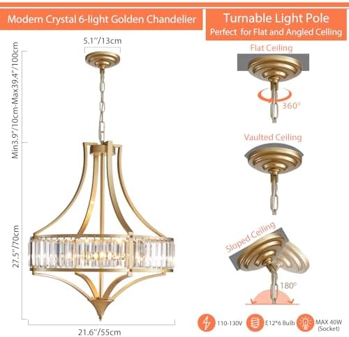 Crystal Chandeliers for Dining Room 21.6" Rustic Farmhouse Chandelier with Round Metal Shade 6-Light Large Gold Dining Room Light Fixture for Kitchen, Hallway, Bedroom, Foyer - Image 2