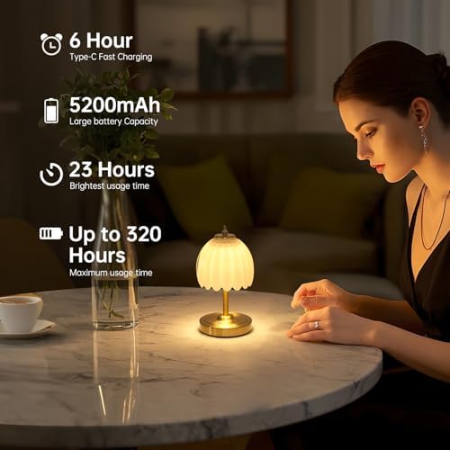 Shenmoyl Tulip Small Table Lamp, 5200mAh Cordless Touch Control Mini Table Lamp with 3 Color Temps & Stepless Dimming, Perfect for Small Spaces Like Dressers, Bedsides, Bookshelves (White Tulip) - Image 6