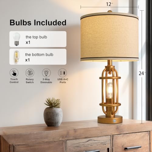 G-SAFAVA 23.75'' Table Lamps Set of 2 for Living Room Bedroom Industrial Farmhouse Metal Touch Lamps with USB A+C Ports, Night Light Vintage Nightstand Bedside Lamp, Bulbs Included, Antique Gold - Image 4