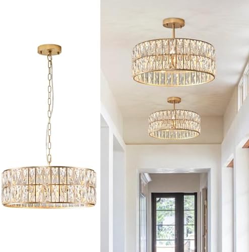 CATINER Gold Crystal Chandelier 18" 6-Light Modern Semi Flush Pendant by CATINER