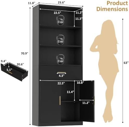 Shintenchi Bookshelf,6-Tier Bookcase with 1 Drawer & 1 Cabinet, 6 Shelf Display Storage Shelves Floor Standing 70.6 inches Tall Bookcase for Home Office, Living Room (Black) - Image 3