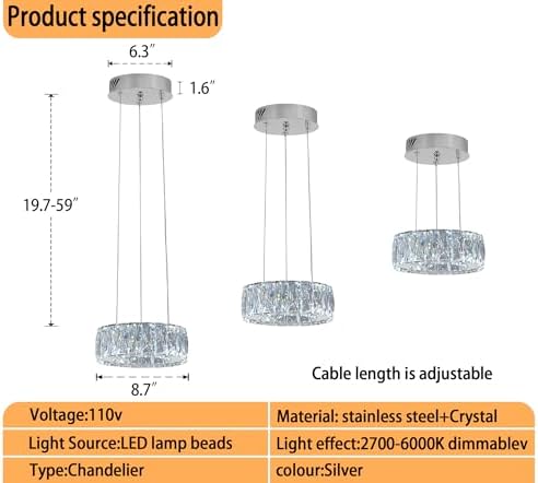 Modern LED Dimmable Crystal Chandelier 8" Ring Silver Pendant Light Fixtures for Kitchen Island Dining Room Living Room - Image 3