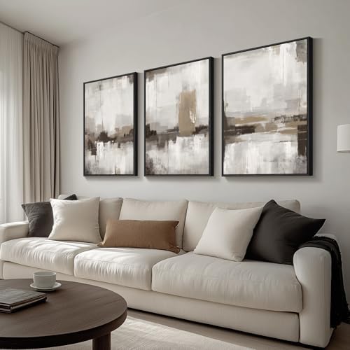 Large Framed Neutral Abstract Wall Art for Living Room, Set of 3 24x36 In - Image 2