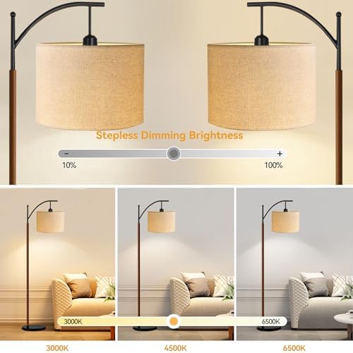 ILLMTW Arc Floor Lamp for Living Room,Bedroom,Vintage Mid Century Modern Standing Lamp with Remote Dimmable,Wood Boho Black Tall Lamp Fabric Lamp Shade Floor Lights Bohemian Tiffany Style - Image 2