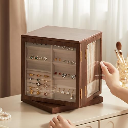 CHOSIN 360° Rotating Walnut Wooden Jewelry Box with 5 Drawers for Women by CHOSIN
