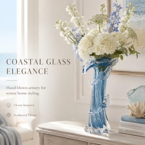 Blue Blown Glass Vase, Modern Art Hand Blown Coastal Vase,Beautiful Unique Ocean Wave Centerpieces for Living Room, Bedroom, Office Desktop,Coffee Table and Wedding Decorative (Blue, L) - Image 2