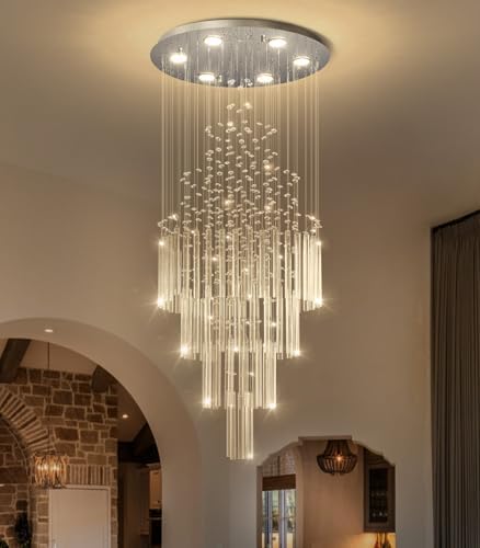 HAIXIANG W20 x H40 Crystal Glam Chandelier Long Light Chandeliers with Dimmable Light Bulbs High Ceiling Light Fixtures for Foyer Entryway Living Room Stair Silver - Image 4