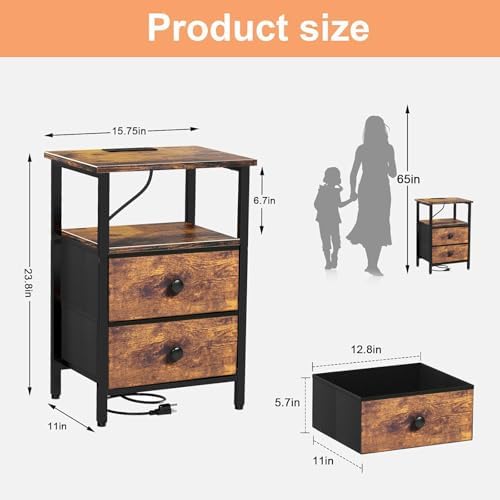 Nightstand with Charging Station, Bedside End Table with 2 Fabric Drawers for Bedroom, Side Table with USB Ports and Outlets, Rustic Brown - Image 2