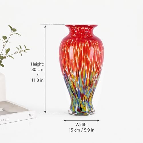 11.8" Tall Glass Vase Beautiful Hand Blown Glass Vase Modern Art Home Decor, Wide Mouth Colorful Vases for Mantle Dining Table Centerpiece, Entryway Living Room Wedding Decoration (Flame Red) - Image 3