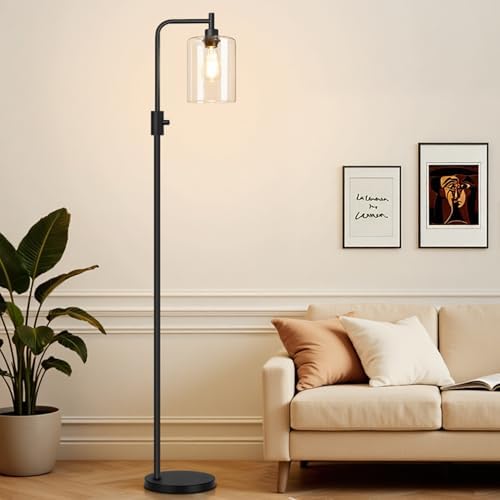 【Upgraded】 Dimmable Floor Lamp for Living Room with Clear Glass Lampshade, Black Modern Glass Floor Lamp with 900LM LED Bulb Included, Arc Standing Tall Lamp for Bedroom, Office, Reading Room, Corner by Yemela
