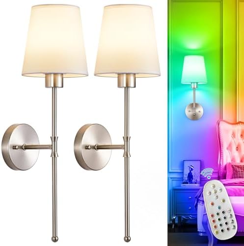 Depuley Battery Operated Wall Sconce: Set of 2 Wireless Wall Lights with Remote for Bedroom - 12 Colors Rechargeable Wall Lamp for Living Room Dining Room Hallway Bathroom Staircases - Nickel 24 Inch by Depuley