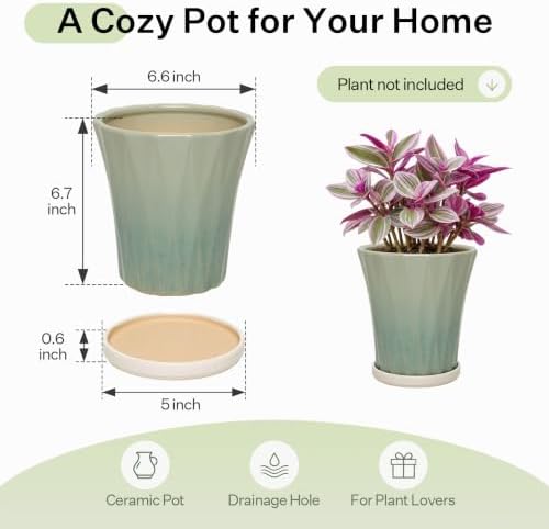 6.6 Inch Ceramic Planters with Drainage Hole and Saucer,Indoor Outdoor Large Flower Pots, Garden Pot for Plant Lovers (Wave Green) - Image 6