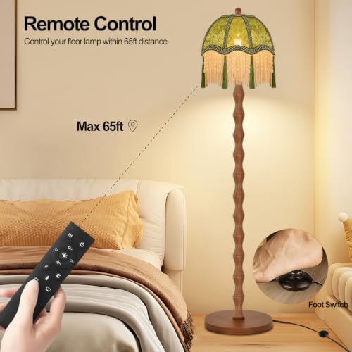 Vintage Floor Lamp For Living Room,Remote Dimmable Wood LED Standing Lamps With Victorian Fringe Green,Retro Corner Tall Lamp Floor Light For Bedroom,Office,Boho Farmhouse Nursery Rustic Decor - Image 5