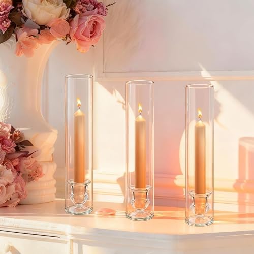 12 Sets Glass Hurricane Candle Holders - 12.6” Glass Candlestick Holders with Clear Tall Cylinder Candle Sleeves for Wedding, Christmas Table Decor (12) - Image 2
