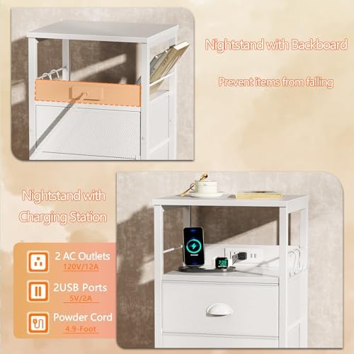 Furologee End Table with Charging Station, Nightstand with Fabric Drawers, Side Tables with USB Ports & Outlets, Night Stand with Storage Shelf & Hooks, for Living Room/Bedroom, White - Image 5