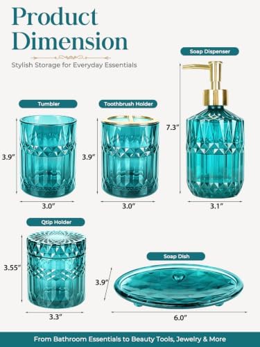 Haturi Teal Bathroom Accessories Set, Glass Bathroom Set and Decor, 5 Pcs - Image 2