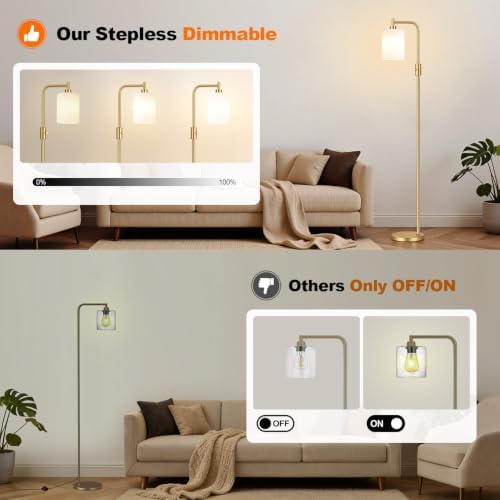 【Upgraded】 Dimmable Floor Lamp for Living Room with Opal Glass Lamphade, Gold Modern Glass Floor Lamp with 900LM LED Bulb Included, Arc Standing Tall Lamp for Bedroom, Office, Reading Room, Corner - Image 3