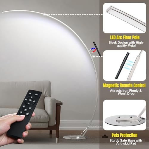 Dimmable LED Floor Lamp with 3 Color Temperatures, Ultra Bright 2000LM Brushed Nickel Arc Floor Lamps for Living Room, Modern Tall Lamp with Remote Control Reading Floor Lamp for Bedroom Office - Image 5