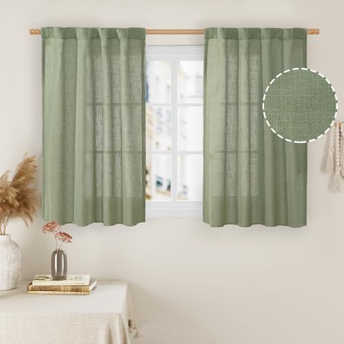 LAMIT Kitchen Window Linen Curtains 40 Inch Length 2 Panels, Sage Green by LAMIT